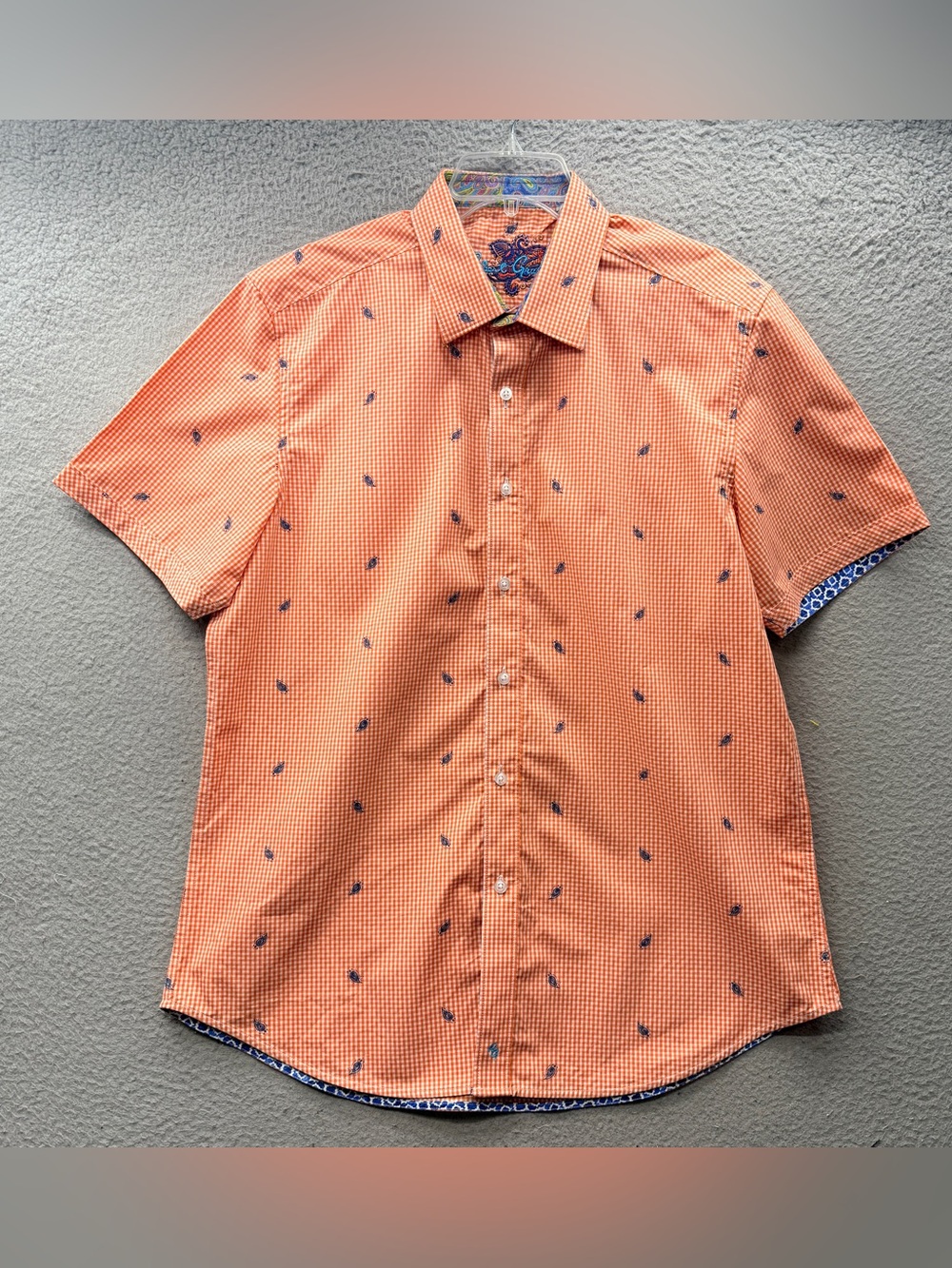 Robert Graham Short Sleeve Button up Orange White Gingham Paisley Print Men’s L